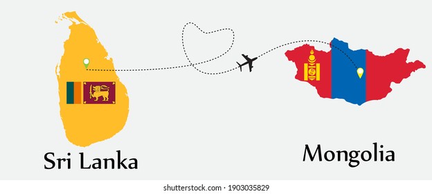 Airplane transport from Sri Lanka to Mongolia. Concept a good tour travel and business of both country. And flags symbol on maps. EPS.file.