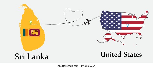 Airplane transport from Sri Lanka to United States. Concept a good tour travel and business of both country. And flags symbol on maps. EPS.file.