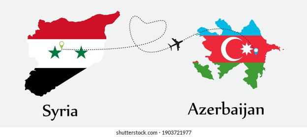 Airplane transport from Syria to Azerbaijan. Travel tour business concept between both countries with flags on maps symbols. EPS.file.