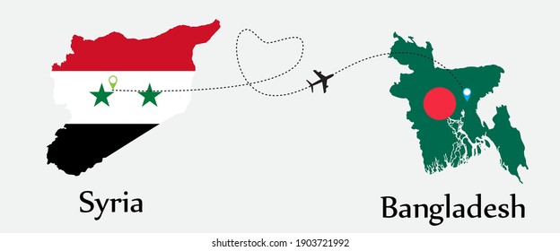 Airplane transport from Syria to Bangladesh. Travel tour business concept between both countries with flags on maps symbols. EPS.file.