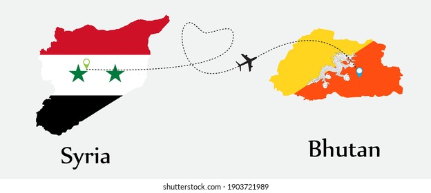 Airplane transport from Syria to Bhutan. Travel tour business concept between both countries with flags on maps symbols. EPS.file.