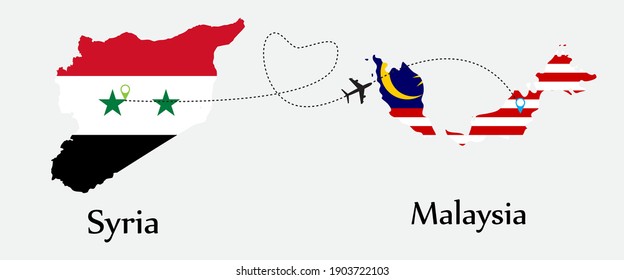 Airplane transport from Syria to Malaysia. Travel tour business concept between both countries with flags on maps symbols. EPS.file.