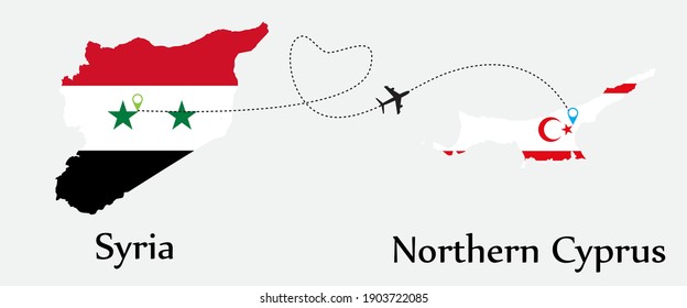 Airplane transport from Syria to Northern Cyprus. Travel tour business concept between both countries with flags on maps symbols. EPS.file.