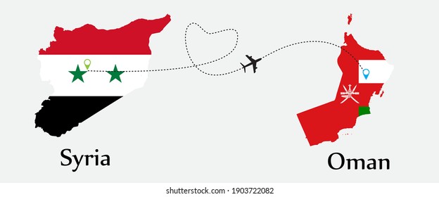 Airplane transport from Syria to Oman. Travel tour business concept between both countries with flags on maps symbols. EPS.file.