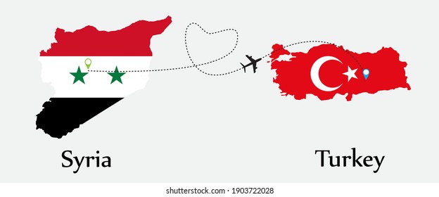 Airplane transport from Syria to Turkey. Travel tour business concept between both countries with flags on maps symbols. EPS.file.