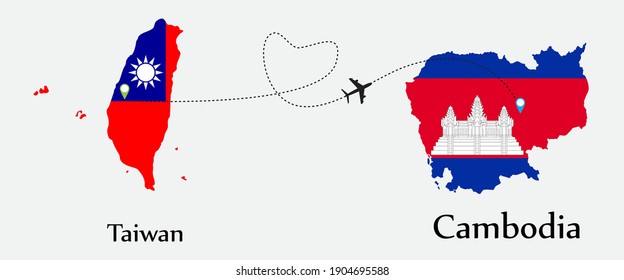 Airplane transport from Taiwan to Cambodia. Concept a good tour travel and business of both country. And flags symbol on maps. EPS.file.