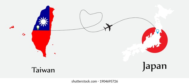 Airplane transport from Taiwan to Japan. Concept a good tour travel and business of both country. And flags symbol on maps. EPS.file.