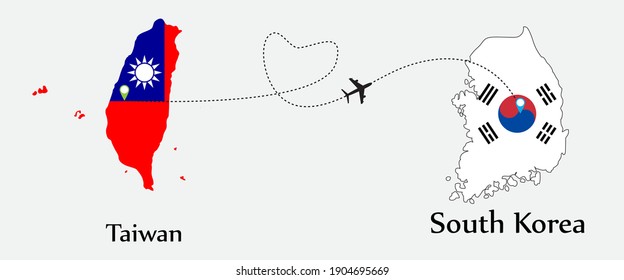 Airplane transport from Taiwan to South korea. Concept a good tour travel and business of both country. And flags symbol on maps. EPS.file.