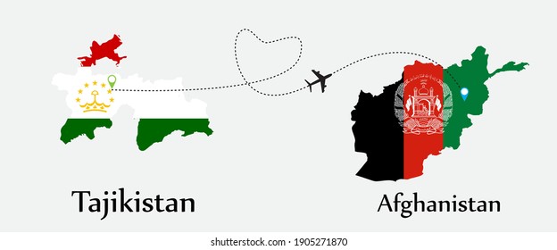 Airplane transport from Tajikistan to Afghanistan. Concept a good tour travel and business of both country. And flags symbol on maps. EPS.file.