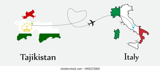 Airplane transport from Tajikistan to Italy. Concept a good tour travel and business of both country. And flags symbol on maps. EPS.file.