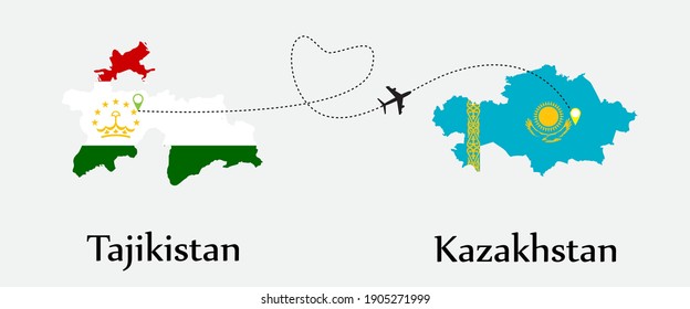 Airplane transport from Tajikistan to Kazakhstan. Concept a good tour travel and business of both country. And flags symbol on maps. EPS.file.