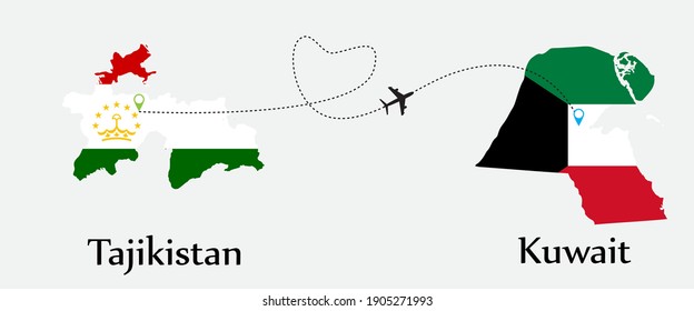 Airplane transport from Tajikistan to Kuwait. Concept a good tour travel and business of both country. And flags symbol on maps. EPS.file.