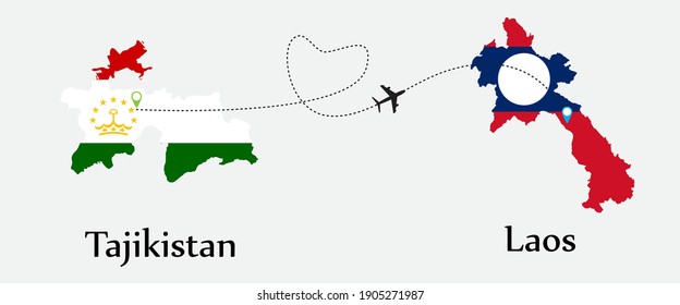 Airplane transport from Tajikistan to Laos. Concept a good tour travel and business of both country. And flags symbol on maps. EPS.file.