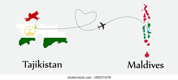 Airplane transport from Tajikistan to Maldives. Concept a good tour travel and business of both country. And flags symbol on maps. EPS.file.
