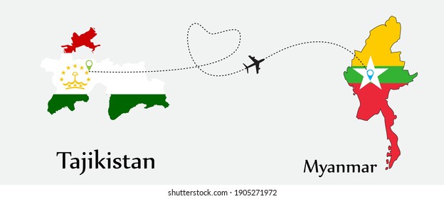 Airplane transport from Tajikistan to Myanmar. Concept a good tour travel and business of both country. And flags symbol on maps. EPS.file.