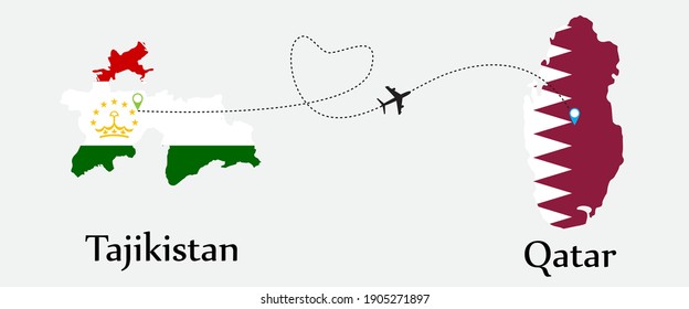Airplane transport from Tajikistan to Qatar. Concept a good tour travel and business of both country. And flags symbol on maps. EPS.file.