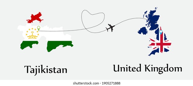 Airplane transport from Tajikistan to United Kingdom. Concept a good tour travel and business of both country. And flags symbol on maps. EPS.file.