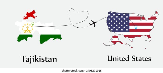 Airplane transport from Tajikistan to United States. Concept a good tour travel and business of both country. And flags symbol on maps. EPS.file.