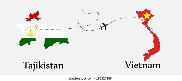 Airplane transport from Tajikistan to Vietnam. Concept a good tour travel and business of both country. And flags symbol on maps. EPS.file.