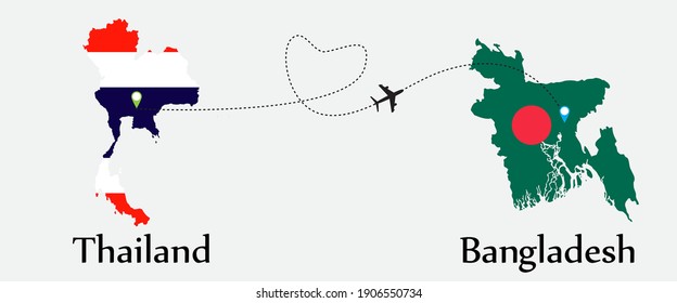 Airplane transport from Thailand to Bangladesh. Concept a good tour travel and business of both country. And flags symbol on maps. EPS.file.