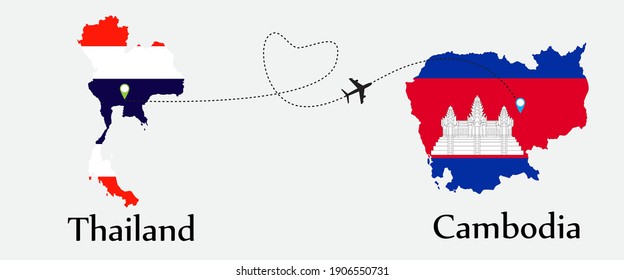 Airplane transport from Thailand to Cambodia. Concept a good tour travel and business of both country. And flags symbol on maps. EPS.file.
