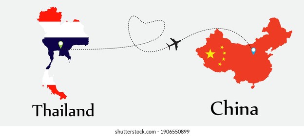 Airplane transport from Thailand to China. Concept a good tour travel and business of both country. And flags symbol on maps. EPS.file.