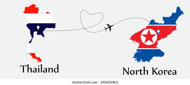Airplane transport from Thailand to North Korea. Concept a good tour travel and business of both country. And flags symbol on maps. EPS.file.