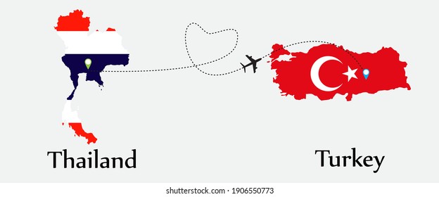 Airplane transport from Thailand to Turkey. Concept a good tour travel and business of both country. And flags symbol on maps. EPS.file.