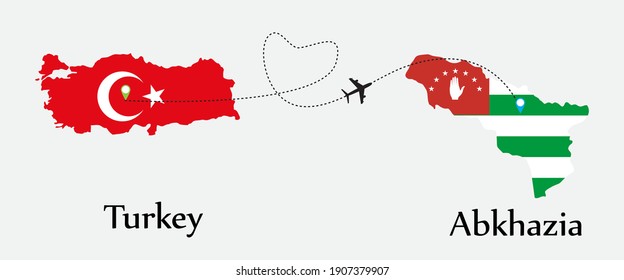 Airplane transport from Turkey to Abkhazia. Concept a good tour travel and business of both country. And flags symbol on maps. EPS.file.