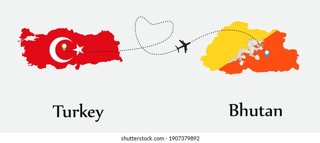 Airplane transport from Turkey to Bhutan. Concept a good tour travel and business of both country. And flags symbol on maps. EPS.file.