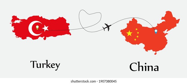 Airplane transport from Turkey to China. Concept a good tour travel and business of both country. And flags symbol on maps. EPS.file.