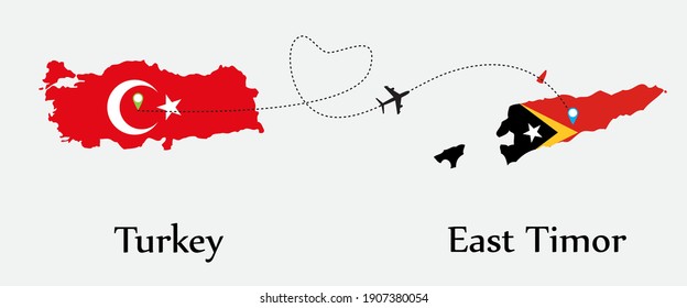 Airplane transport from Turkey to East Timor. Concept a good tour travel and business of both country. And flags symbol on maps. EPS.file.