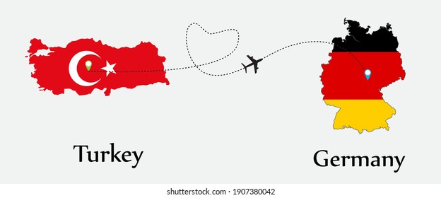 Airplane transport from Turkey to Germany. Concept a good tour travel and business of both country. And flags symbol on maps. EPS.file.