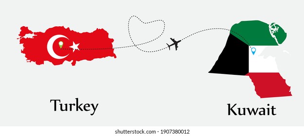 Airplane transport from Turkey to Kuwait. Concept a good tour travel and business of both country. And flags symbol on maps. EPS.file.