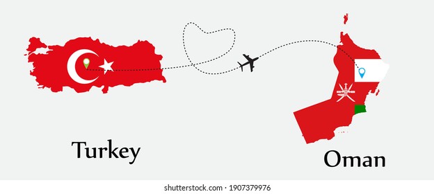 Airplane transport from Turkey to Oman. Concept a good tour travel and business of both country. And flags symbol on maps. EPS.file.