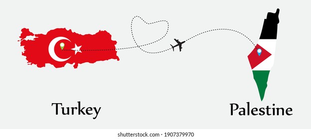 Airplane transport from Turkey to Palestine. Concept a good tour travel and business of both country. And flags symbol on maps. EPS.file.