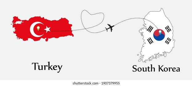 Airplane transport from Turkey to South korea. Concept a good tour travel and business of both country. And flags symbol on maps. EPS.file.