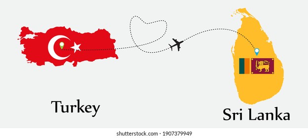 Airplane transport from Turkey to Sri Lanka. Concept a good tour travel and business of both country. And flags symbol on maps. EPS.file.