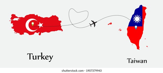 Airplane transport from Turkey to Taiwan. Concept a good tour travel and business of both country. And flags symbol on maps. EPS.file.
