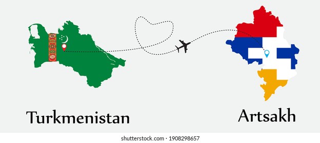 Airplane transport from Turkmenistan to Artsakh. Concept a good tour travel and business of both country. And flags symbol on maps. EPS.file.