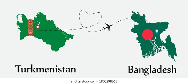 Airplane transport from Turkmenistan to Bangladesh. Concept a good tour travel and business of both country. And flags symbol on maps. EPS.file.