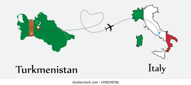 Airplane transport from Turkmenistan to Italy. Concept a good tour travel and business of both country. And flags symbol on maps. EPS.file.