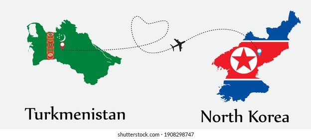 Airplane transport from Turkmenistan to North Korea. Concept a good tour travel and business of both country. And flags symbol on maps. EPS.file.