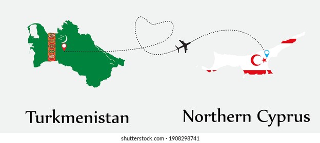 Airplane transport from Turkmenistan to Northern Cyprus. Concept a good tour travel and business of both country. And flags symbol on maps. EPS.file.