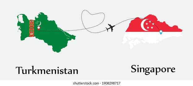 Airplane transport from Turkmenistan to Singapore. Concept a good tour travel and business of both country. And flags symbol on maps. EPS.file.