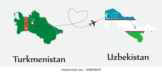 Airplane transport from Turkmenistan to Uzbekistan. Concept a good tour travel and business of both country. And flags symbol on maps. EPS.file.