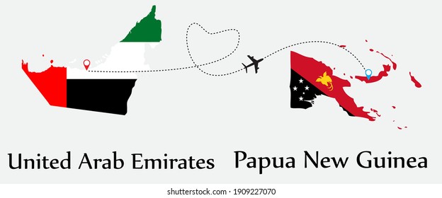 Airplane transport from United Arab Emirates to Papua New Guinea. Concept a good tour travel and business of both country. And flags symbol on maps. EPS.file.