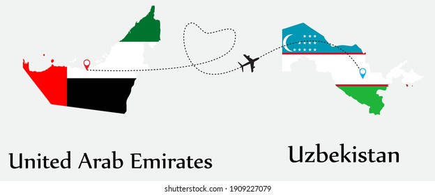 Airplane transport from United Arab Emirates to Uzbekistan. Concept a good tour travel and business of both country. And flags symbol on maps. EPS.file.