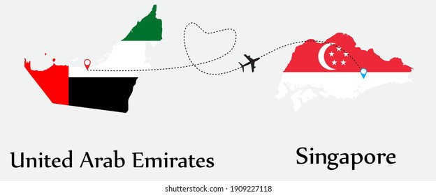 Airplane transport from United Arab Emirates to Singapore. Concept a good tour travel and business of both country. And flags symbol on maps. EPS.file.