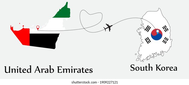 Airplane transport from United Arab Emirates to South korea. Concept a good tour travel and business of both country. And flags symbol on maps. EPS.file.